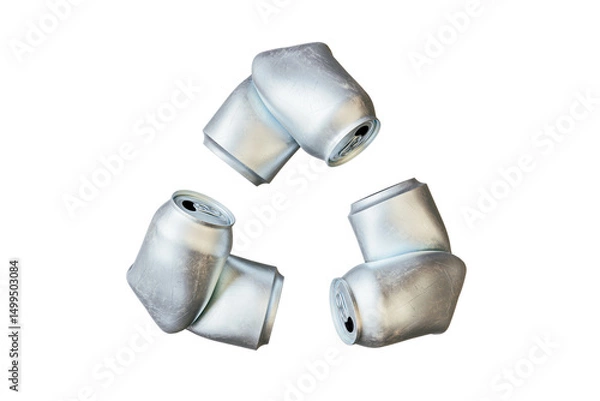 Obraz Group of four aluminum cans are arranged in a triangle. The recycle synbol made of metal folded cans. 3d render