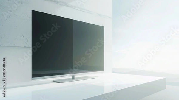 Obraz Sleek Flat-Screen TV on Minimalist White Shelf , Modern Design Focus, Clean Technology Aesthetic