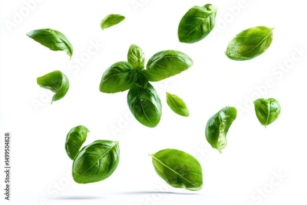 Obraz Fresh Basil Leaves Floating Midair on White Background Studio Shot Ingredient Herb Culinary