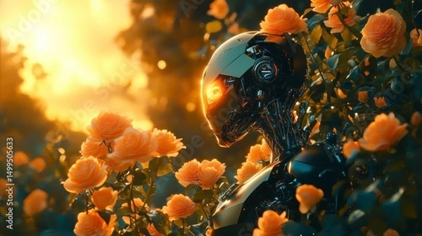 Fototapeta Futuristic robot amidst roses at sunset; contemplation