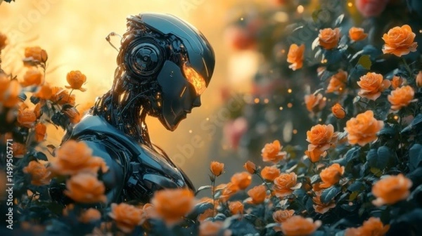 Fototapeta Futuristic robot amidst vibrant rose garden. Peaceful scene. Possible use Digital art, sci-fi, wallpaper