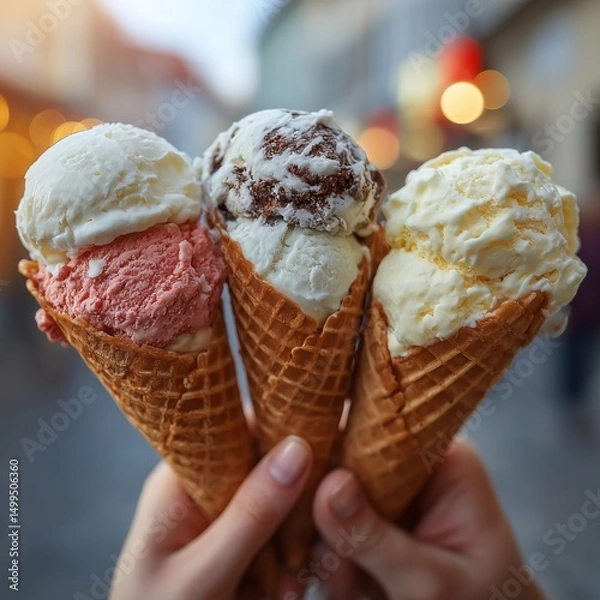 Fototapeta Hands Holding Trio of Waffle Cone Ice Creams in Street Market Atmosphere