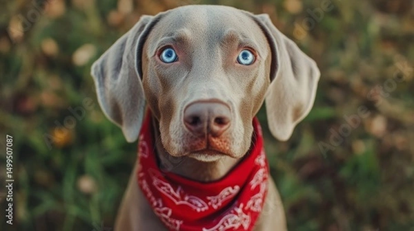 Fototapeta Gray dog with red bandana in autumnal background