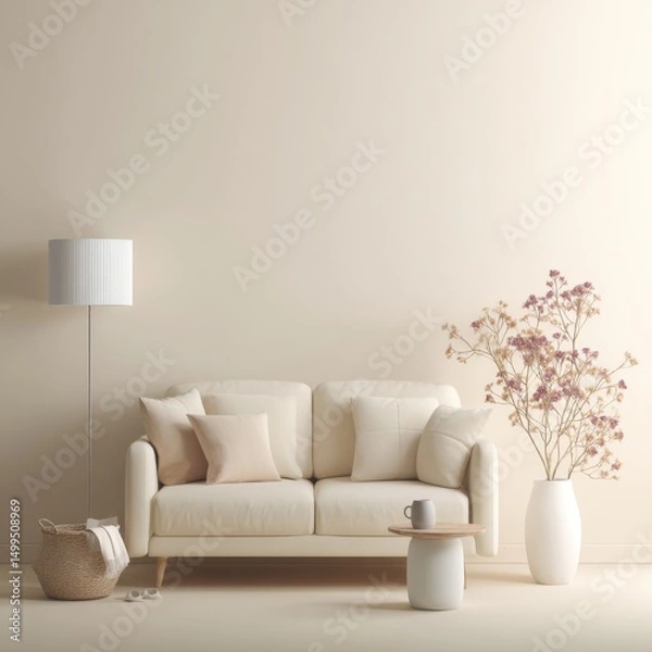 Fototapeta Interior design showcasing a cream sofa with pillows, a floor lamp, a vase with flowers, and a basket in a minimalist style room
