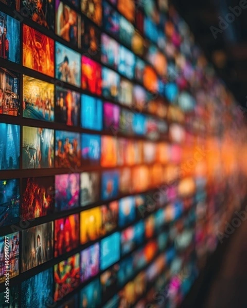 Fototapeta Video wall displaying diverse content at an angle showing multiple screens with vibrant colors and dynamic imagery for digital media
