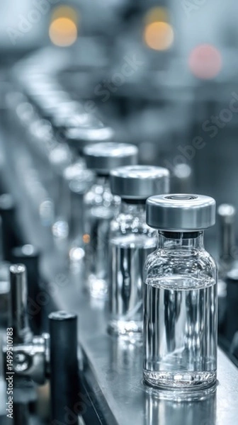 Fototapeta Pharmaceutical Production Line Close Up of Vaccine Vials on Conveyor Belt in Modern Factory Industrial Setting
