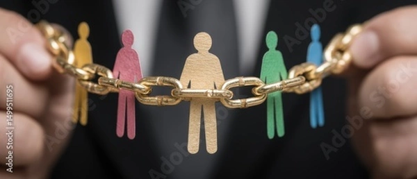 Fototapeta Diverse paper people linked by gold chain held by hands close up studio shot concept of unity