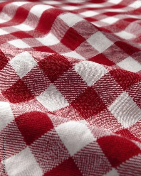 Fototapeta Close-up of a Red and White Gingham Tablecloth with Folds and Texture, Macro Shot of Fabric Pattern, Studio Lighting
