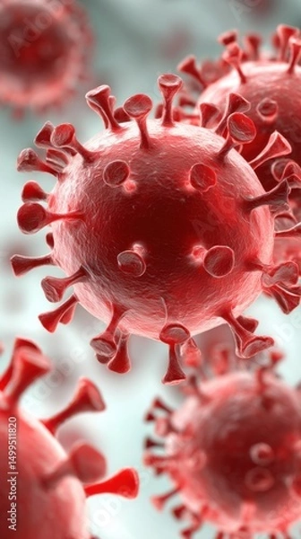 Fototapeta Microscopic View of Coronavirus Structure Close Up Rendered in Red Tones for Medical Illustration and Research Purposes