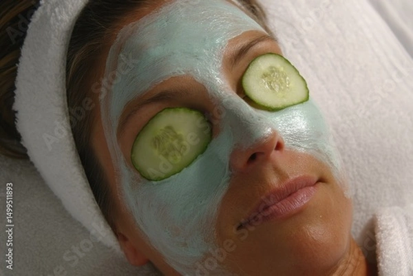 Fototapeta Woman relaxing with facial mask and cucumber slices over eyes in spa low angle view