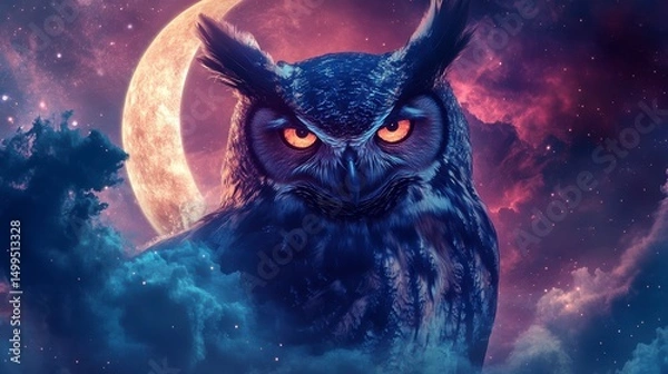 Fototapeta Owl, night, moon, cosmos, digital art, mysterious, fantasy, powerful image