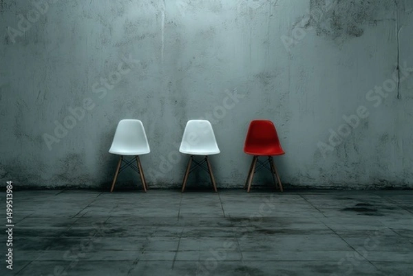 Fototapeta Three chairs standing in a row against a textured wall, two white and one red, studio shot, eye level view, concept