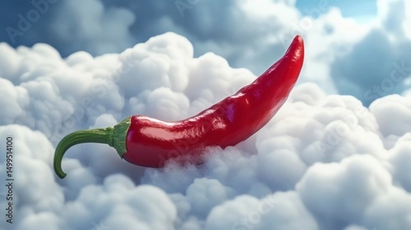 Fototapeta Red Chili Pepper on Fluffy Clouds - Food Art - Digital Rendering