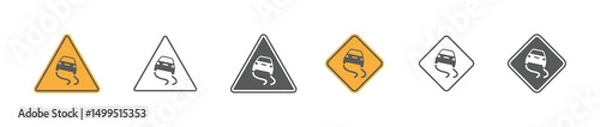 Obraz Set of slippery road traffic signs. Skid risk, triangle sign, car driving on ice. Vector. EPS10.