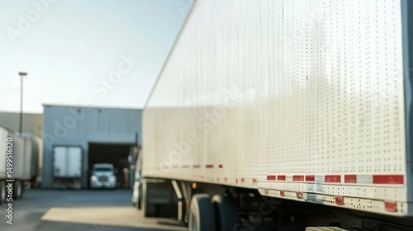 Fototapeta Close up view of a white semi trailer parked at a loading dock, with warehouse in the background, showcasing logistics and transportation industry