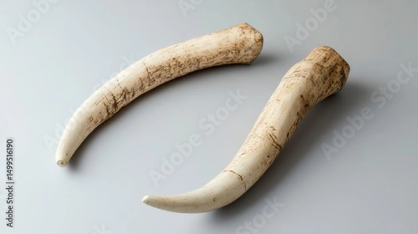 Fototapeta Two antique ivory tusks on a gray background. Possible use Educational resource on animal ivory