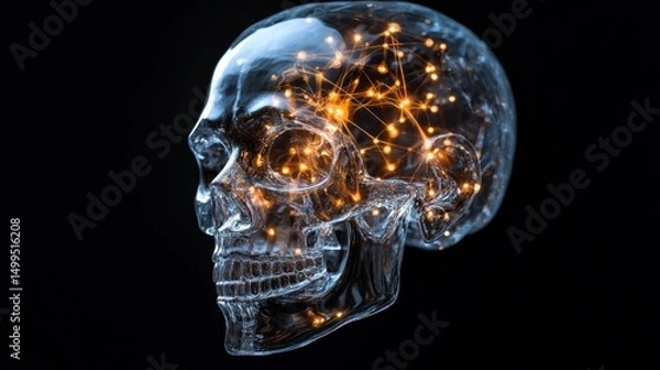 Fototapeta Transparent skull with glowing neural pathways