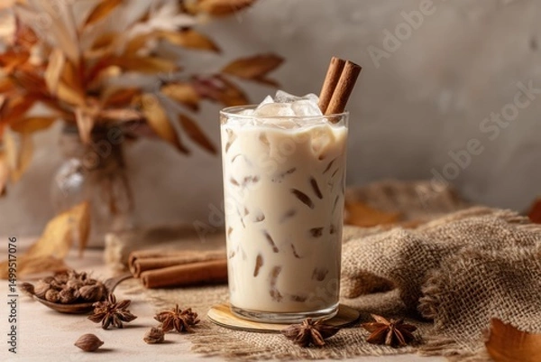 Fototapeta Iced chai latte with cinnamon sticks in glass on burlap with autumn leaves and spices still life