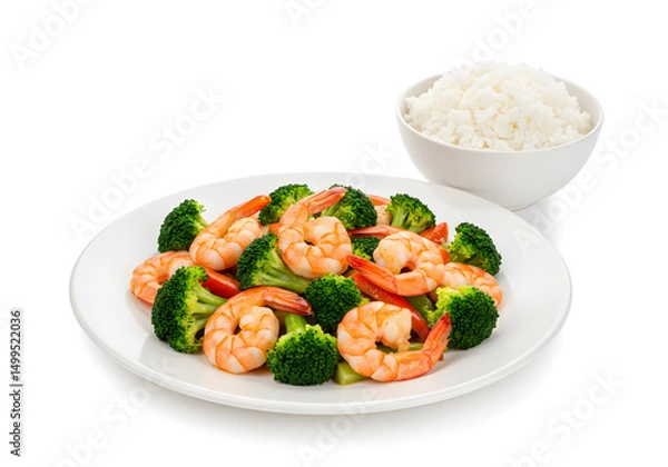 Fototapeta Shrimp and broccoli stir fry with white rice in a bowl.