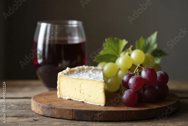 Obraz Delicious cheese platter featuring creamy cheese wedge, fresh green and red grapes, and glass of red wine, creating perfect pairing for cozy gathering