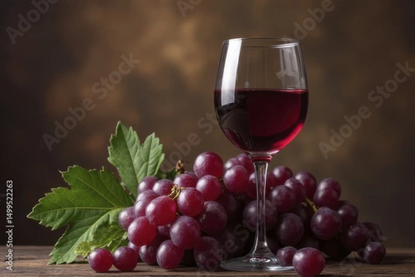 Obraz Glass of red wine sits elegantly beside cluster of fresh purple grapes, showcasing rich color against warm, blurred background. scene evokes sense of indulgence and relaxation
