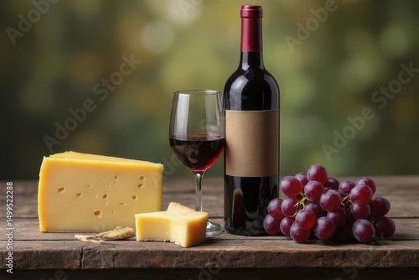 Obraz Delicious cheese, red wine, and fresh grapes create perfect pairing for delightful evening. rich colors and textures evoke sense of warmth and indulgence