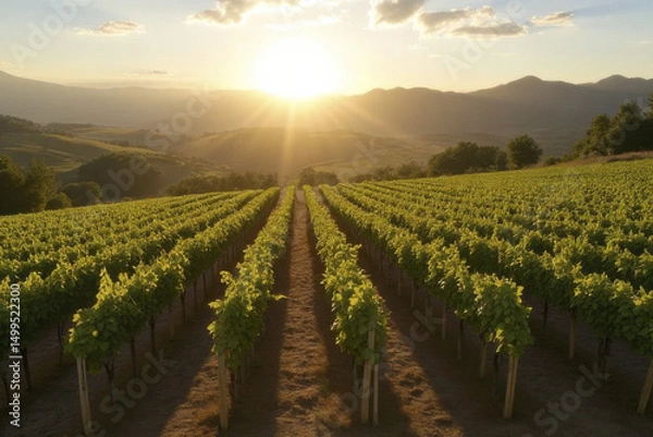 Obraz Beautiful vineyard landscape at sunset, showcasing rows of grapevines stretching towards horizon. warm sunlight casts golden hue over lush green leaves, creating serene and picturesque scene