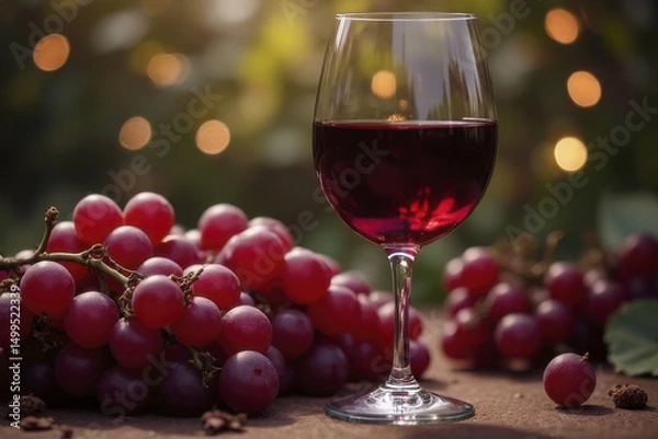 Obraz Glass of red wine sits elegantly beside cluster of fresh red grapes, creating warm and inviting atmosphere. soft bokeh background enhances rich colors, evoking sense of relaxation and indulgence