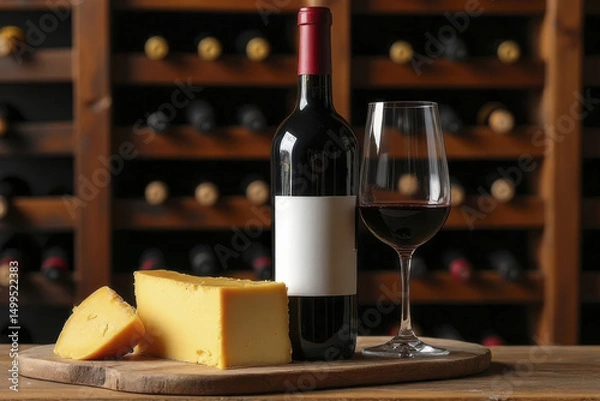 Obraz Bottle of red wine, glass of red wine, and block of yellow cheese are elegantly arranged wooden board, set against backdrop of wine cellar filled with bottles. This composition evokes sense
