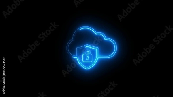 Fototapeta Neon glowing cloud security icon with shield and lock, data protection concept, safe cloud storage, cybersecurity, digital privacy, online information safety, technology background