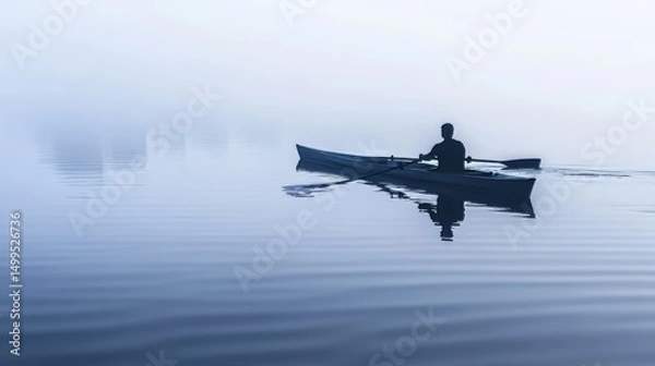 Fototapeta A man is rowing a boat in a lake. The water is calm and the sky is cloudy
