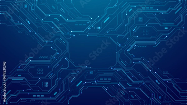 Fototapeta Abstract AI circuit board. Blue technological background. Tech connected blue lines with circuit elements. Digital bg. Computer motherboard with processor, chip, and semiconductor. Vector illustration