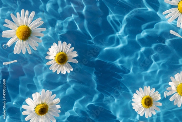 Obraz Chamomile flowers floating on blue background, drop stains on water. Copy space. Background