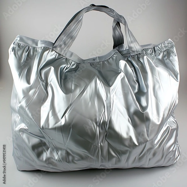 Fototapeta Shiny metallic silver tote bag with soft folds and comfortable handles