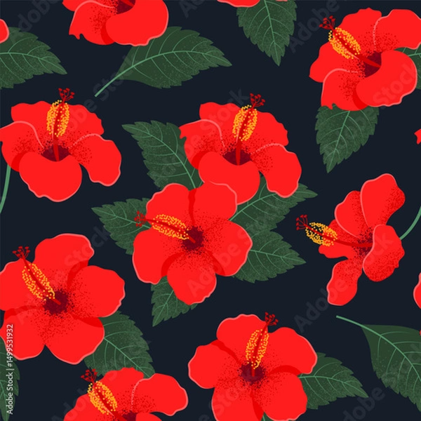 Fototapeta Blossom Hibiscus Flowers seamless pattern. Bright Tropical background. Hand-drawn Vector illustration