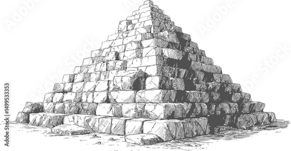Fototapeta Black and white sketch of an ancient pyramid made of stone blocks. Vector illustration