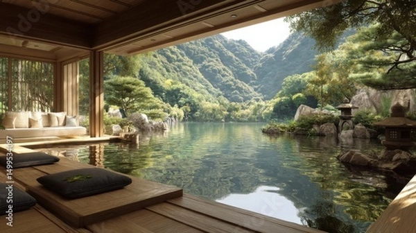Obraz Serene Japanese Villa Overlooking Lake and Mountains Relaxing Tranquil Retreat with Wooden Deck and Cushions Landscape View