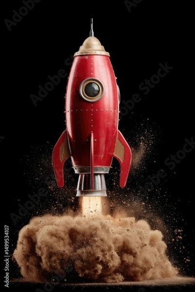 Obraz Retro red rocket launching with smoke and fire on black background studio shot conceptual illustration