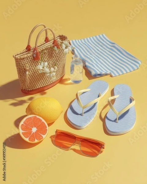 Obraz Summer vacation essentials still life flat lay on yellow background featuring beach bag fruit sunglasses and sandals