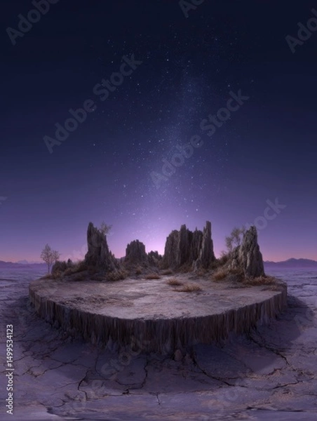 Obraz Surreal landscape with rock formations under starry sky at dusk digital art rendering nature photography