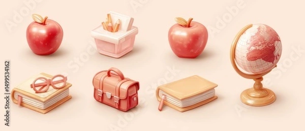 Obraz School Supplies Still Life Arrangement on Beige Background; Apple Book Globe Pencil Case and Satchel; Eye-Level Shot