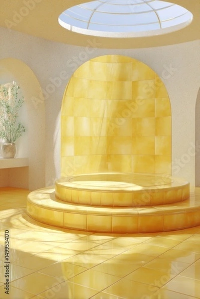 Obraz Golden Yellow Minimalist Interior with Platform and Skylight, Product Display, Architectural Style, Studio Shot