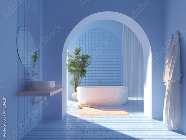 Obraz Serene blue bathroom interior with bathtub, sink, and plant, archway view, modern design, minimalist style, bright light