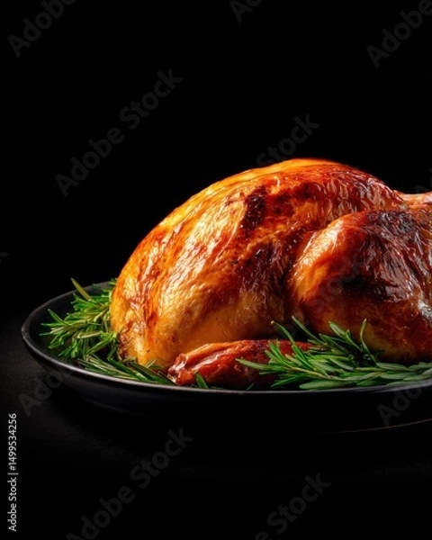 Obraz Roasted turkey presentation on black plate with rosemary sprigs against dark background studio shot for Thanksgiving dinner