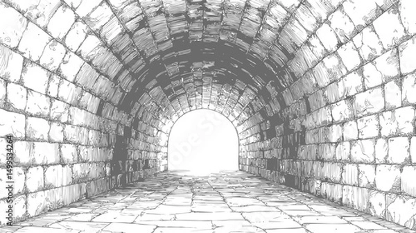Fototapeta Brick tunnel with light at the end, intricate sketch in black and white. Vector illustration