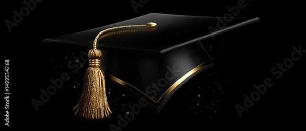 Obraz Graduation Cap in Black and Gold on Black Background Studio Shot Close Up Academic Achievement