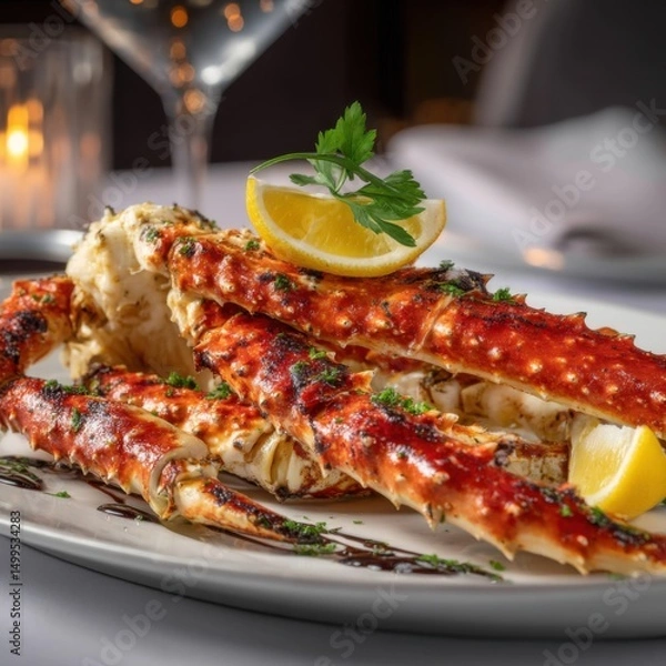 Obraz Grilled Alaskan King Crab Legs Served on White Plate Garnished with Lemon and Parsley Close Up Food Shot