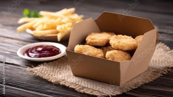 Obraz Chicken nuggets in a box with fries and ketchup on a wooden table close up studio shot fast food meal