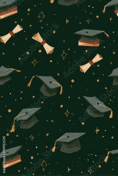 Obraz Graduation Celebration Pattern with Mortarboards Diplomas and Stars on Dark Green Background Festive Academic Achievement Design