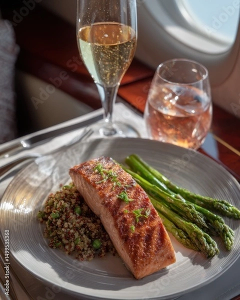 Obraz Gourmet Salmon Meal Served on Private Jet with Champagne and Wine Luxury Travel Dining Experience